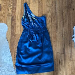 One Shoulder, Beaded Top, Silk Skirt with POCKETS. Jewel Tone Color. Size 2.